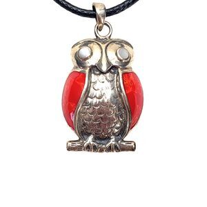 Owl Pendant Necklace Moonstone Eyes Coral Wings 925 Sterling Silver 6.4 Gr OOAK